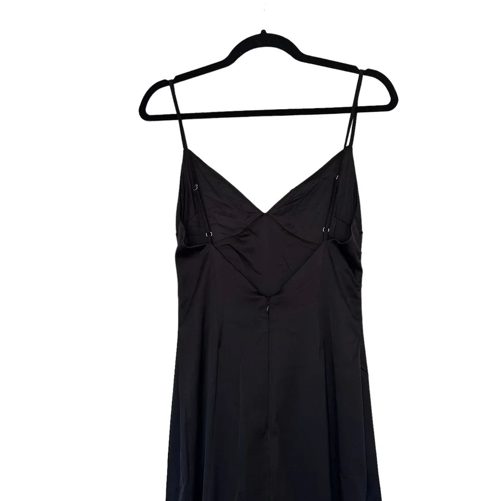 naked wardrobe black satin midi dress v-neck slit, women size small